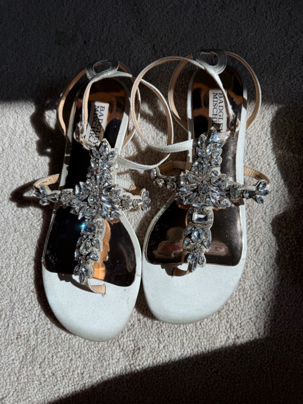 Badgley Mischka White Crystal-Embellished T-Strap Sandals